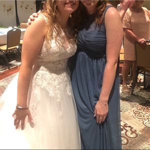 David’s Bridal steel blue long illusion neck dress